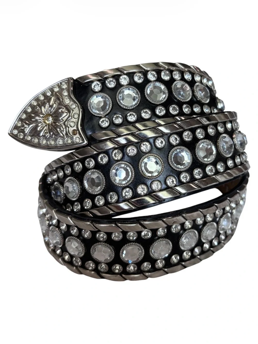 Unbranded Genuine Leather Western Rhinestone Studded Belt Black Silver Size 34 L